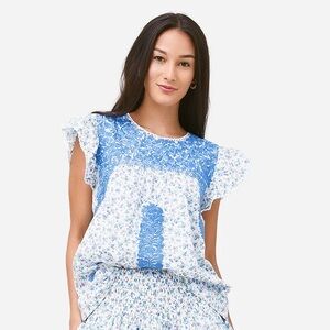 j. Marie Blue Dainty Floral Embroidered Flutter Sleeve Blouse